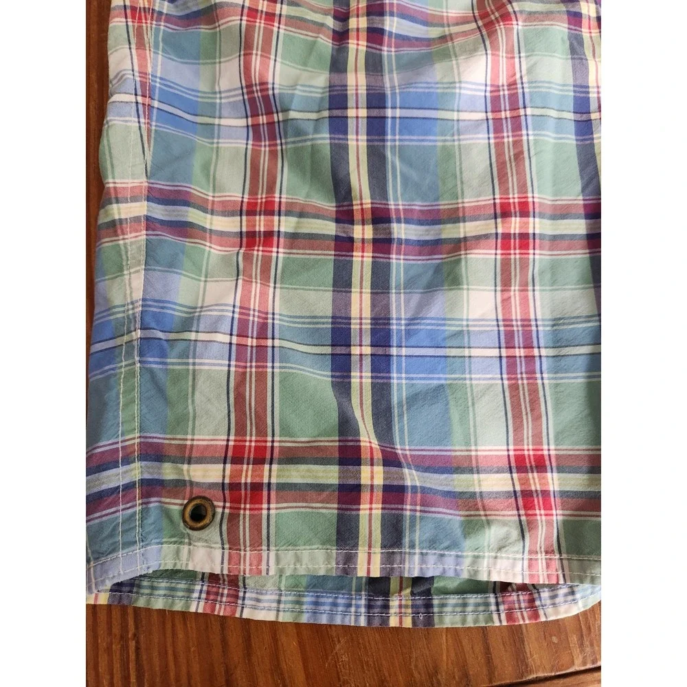 Polo Ralph‎ Lauren Blue Green Plaid Swim Trunks Shorts Mesh Yellow Pony Lrg Vtg